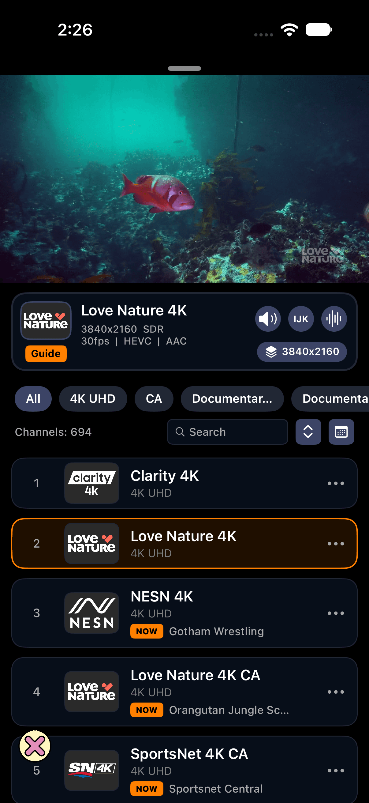 TVPods live player and channel list